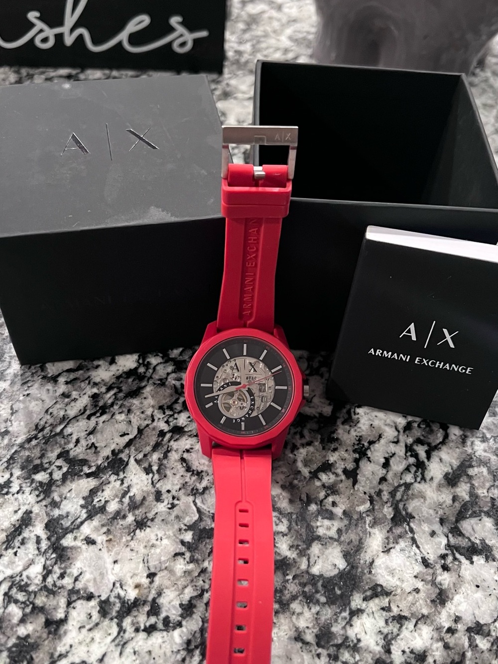 Armani Exchange Red Silicone Skeleton Dial Watch with Black Accents